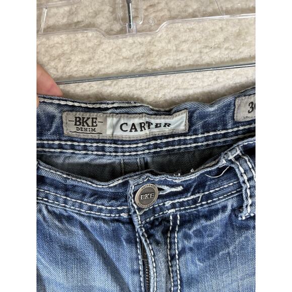 Buckle BKE Carter Jeans Mens 36R 36x31 Blue Straight Distressed Thick Stitch - Picture 3 of 16